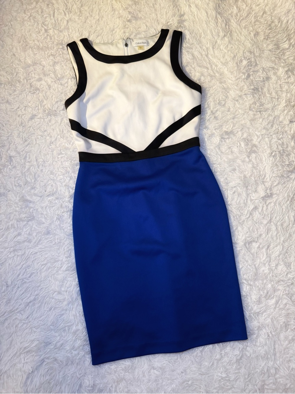 Calvin Klein White, Black & Royal Blue Colorblock Sheath Dress